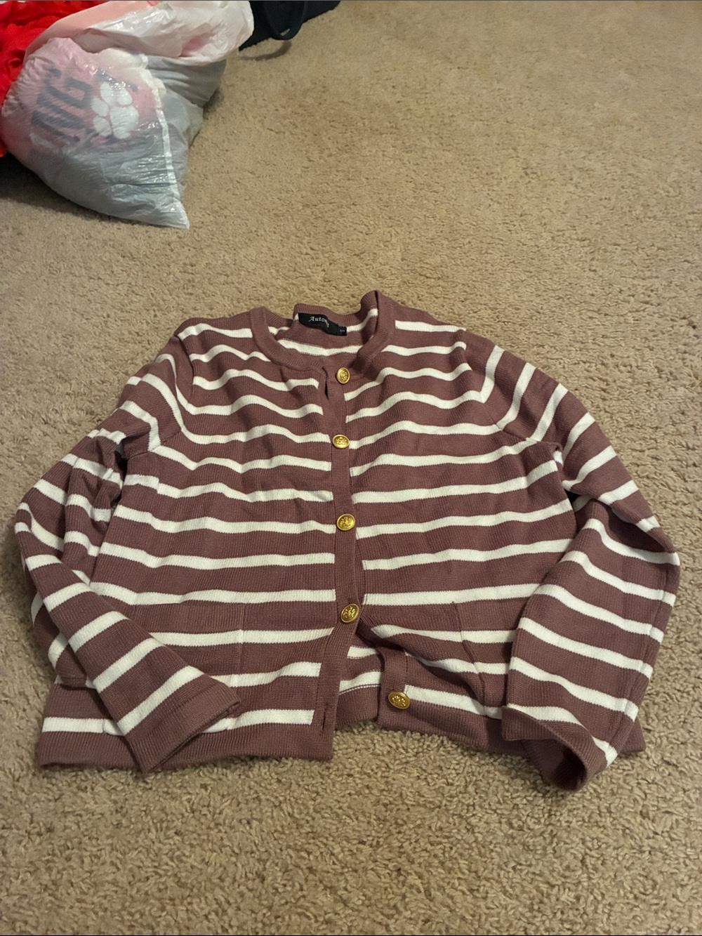 Striped Crewneck Cardigan Sweater in brown and white (size small)